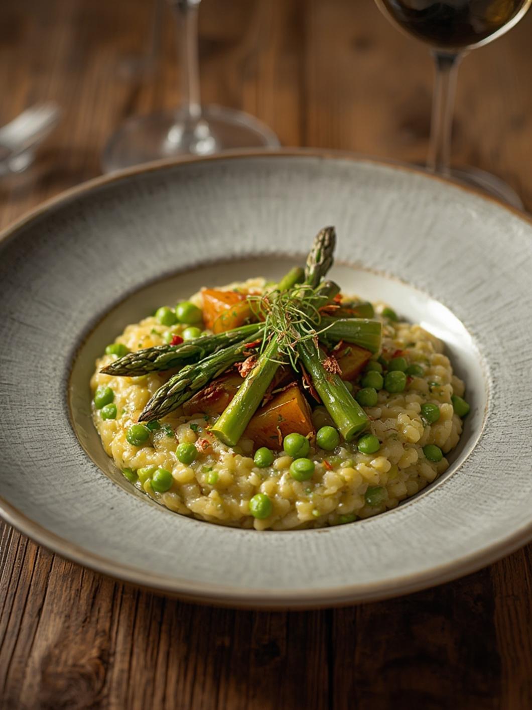Creamy Asparagus and Pea Risotto in a bowl
