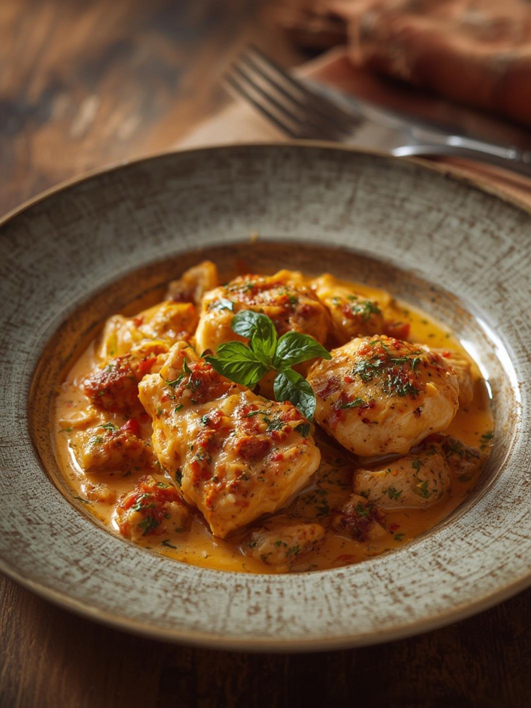 Plated Creamy Tuscan Chicken with garnish and side of pasta